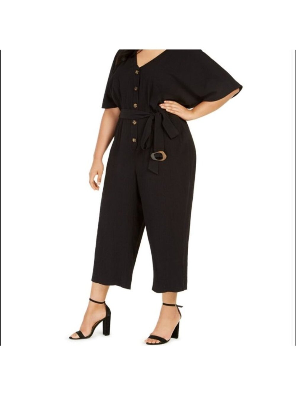 NWT Calvin Klein Plus Size Black Gauze Belted Button Front Cropped Jumpsuit 22W